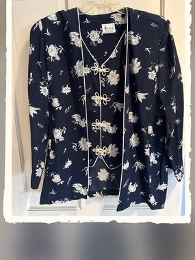 Maren Navy Top with White Floral Trim and Frog Closures and Padded Shoulders